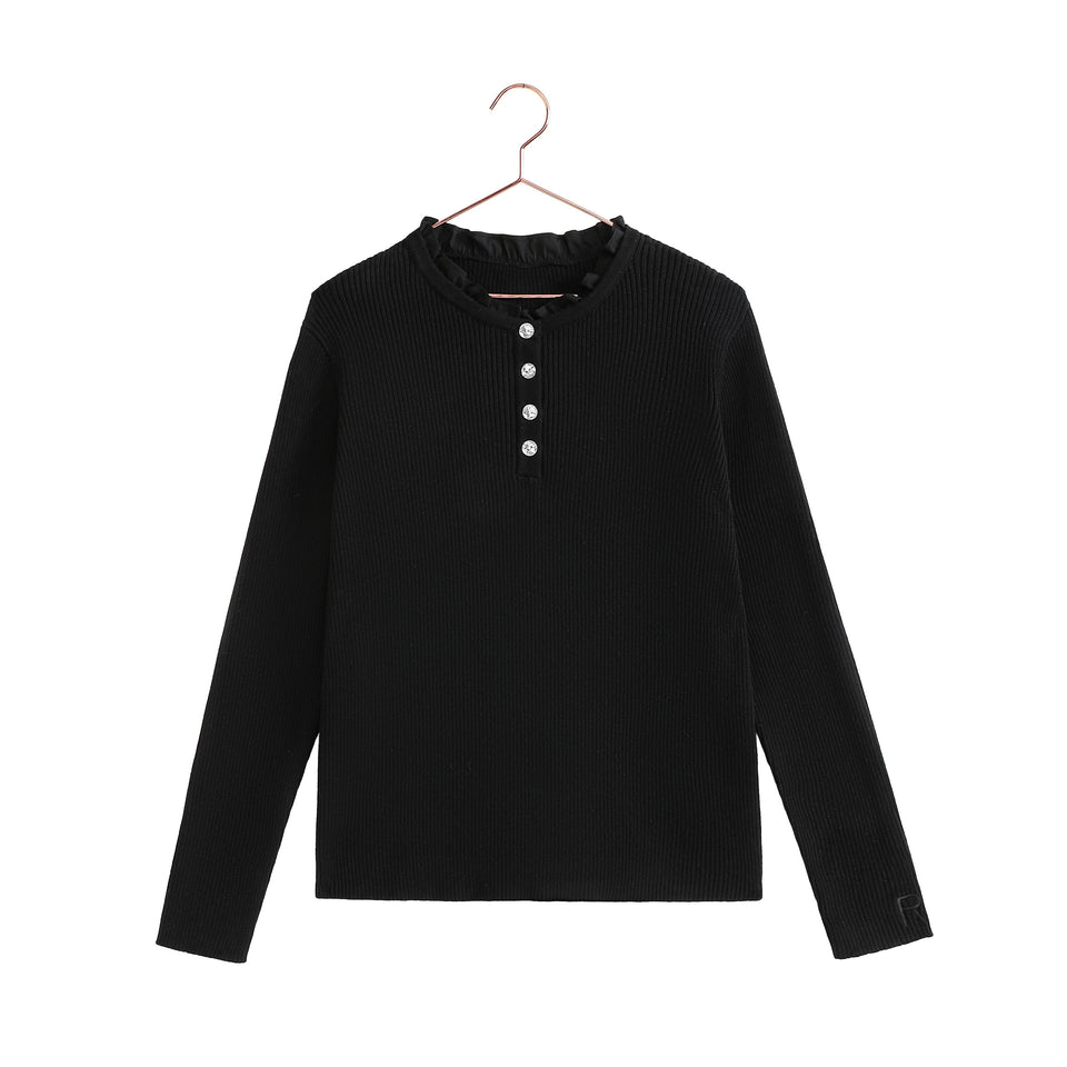 Retrokid Isla Black Knit Jewel Button Ruffle Neck Sweater