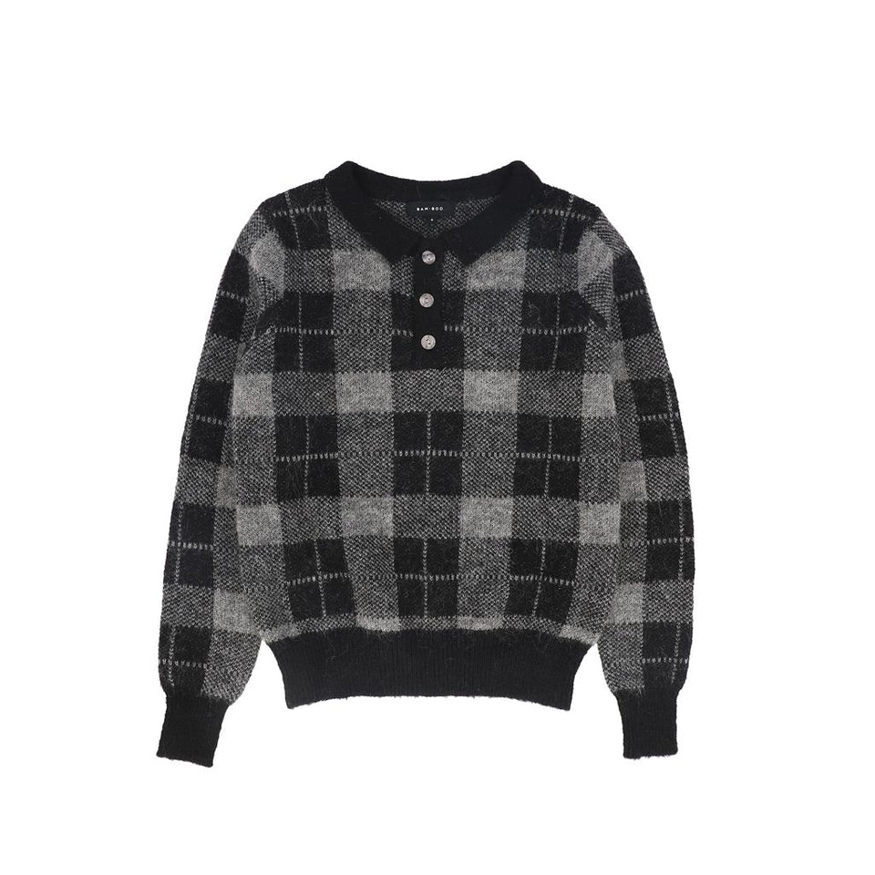 Bamboo Charcoal Plaid Knit Collar Sweater size up runs small