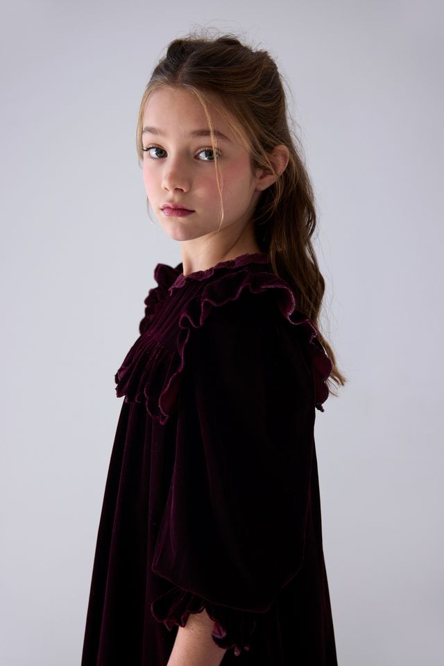 Petite Amalie Dark Cherry Lace Trim Velvet Dress