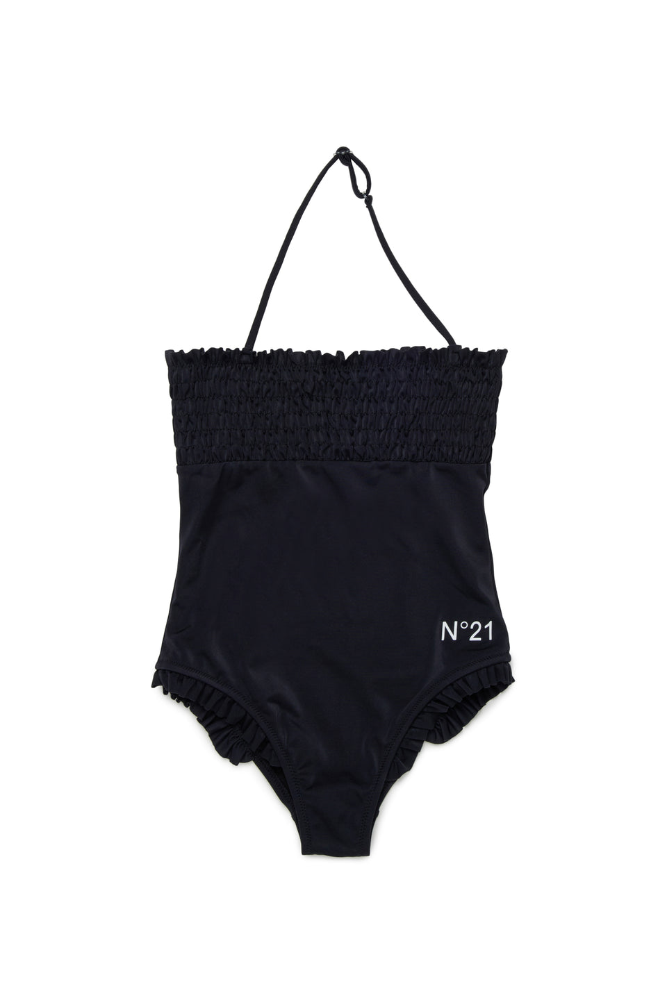 N21 Black Smocked Halter Ruffle Trim Swimsuit