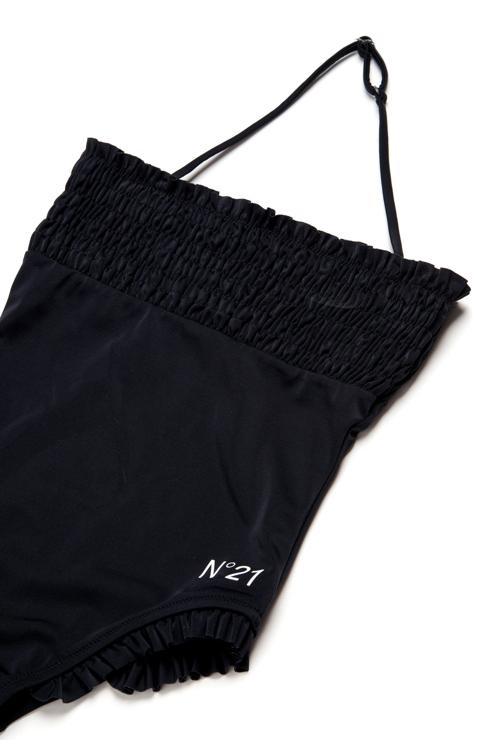 N21 Black Smocked Halter Ruffle Trim Swimsuit