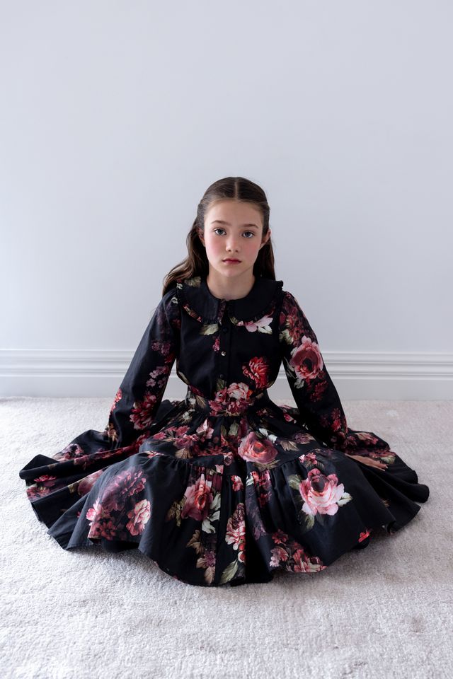 Petite Amalie Black Floral Poplin Skirt