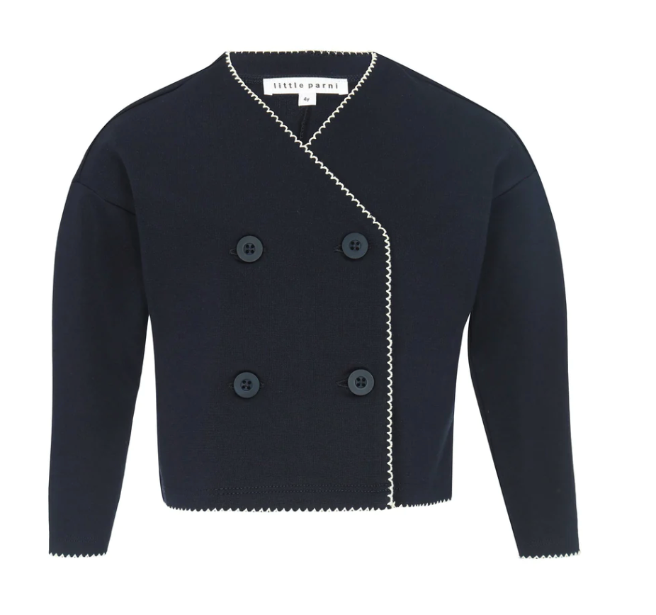 Little Parni Navy Double Breasted White Trim Cardigan