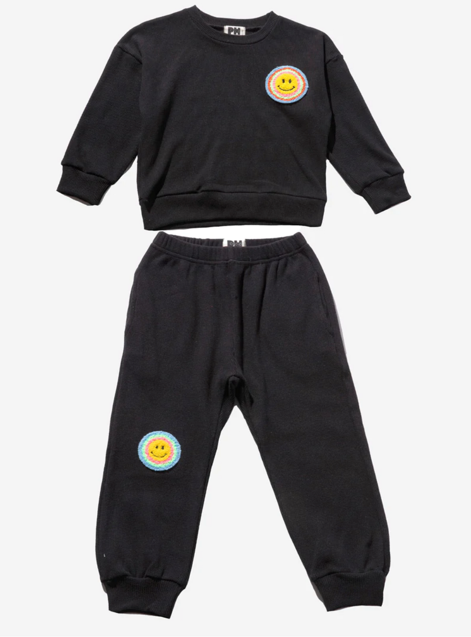 PH Play Black Waffle Knit Sweat Set with Small Smiley