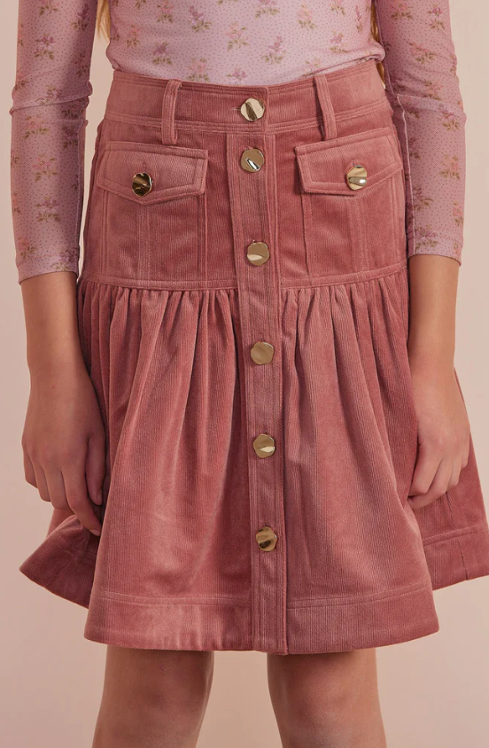 Petite Amalie Pink Corduroy Skirt with Gold Buttons