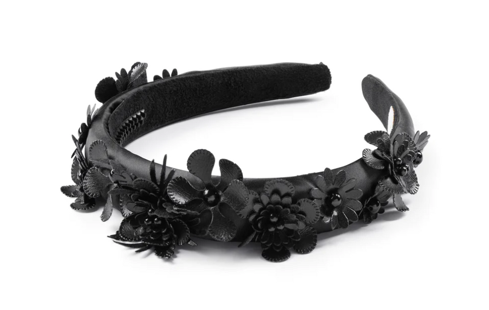 Halo Luxe Black Dalia Pearl Flower Embellished Satin Headband