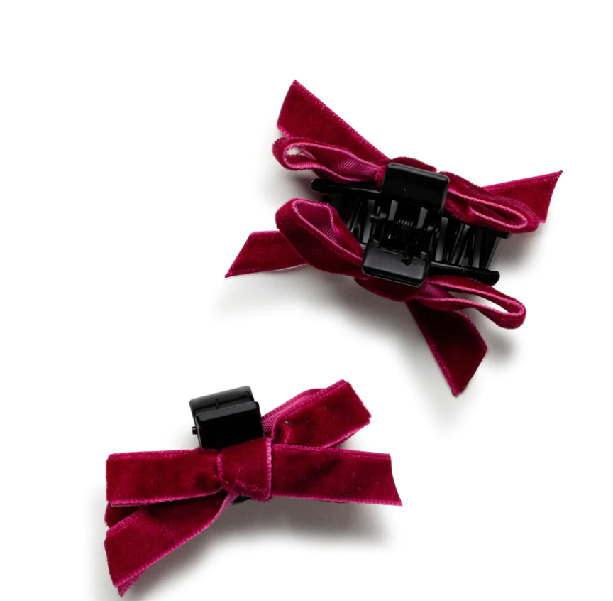 Halo Luxe Hot Pink Velvet Bow Mini Claw Clip Set