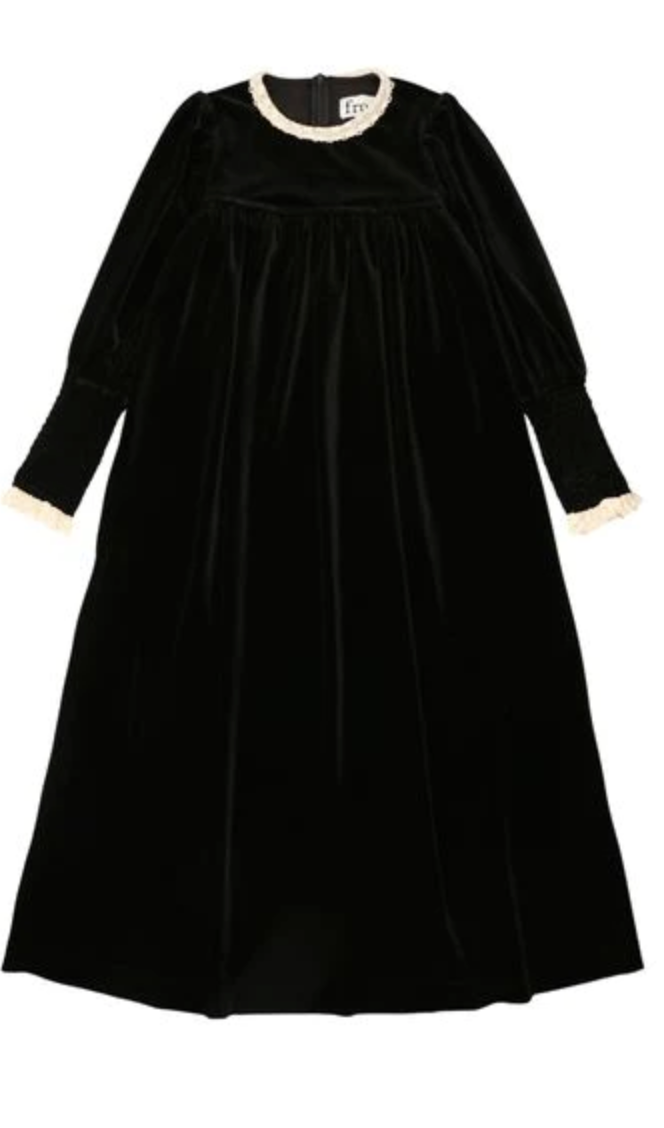 Froo Black Velvet Maxi Dress with Lace Trim Collar