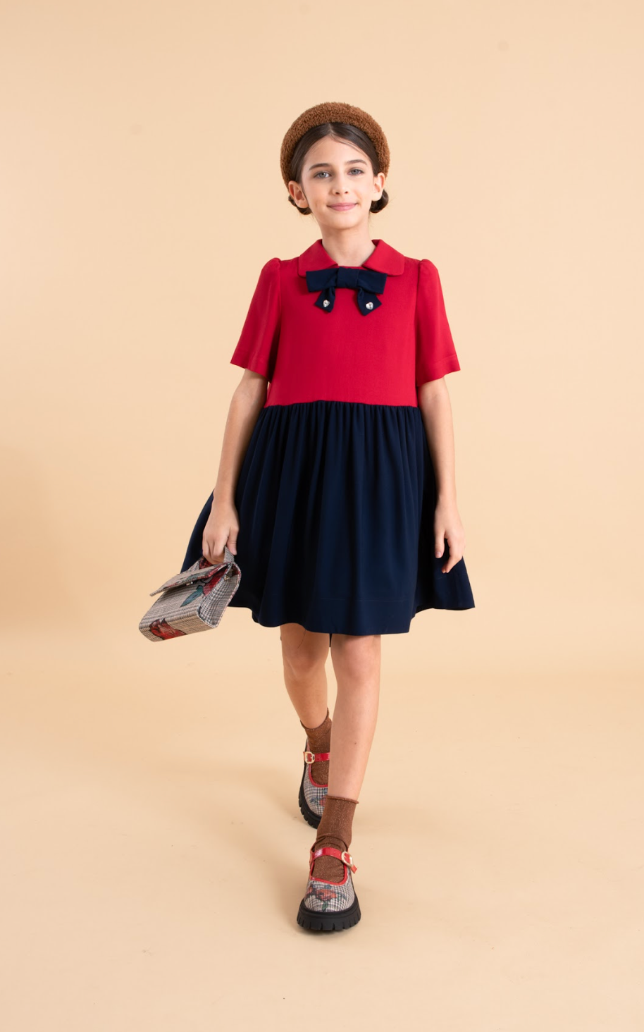 Mimisol Red & Navy Twill Bow Dress