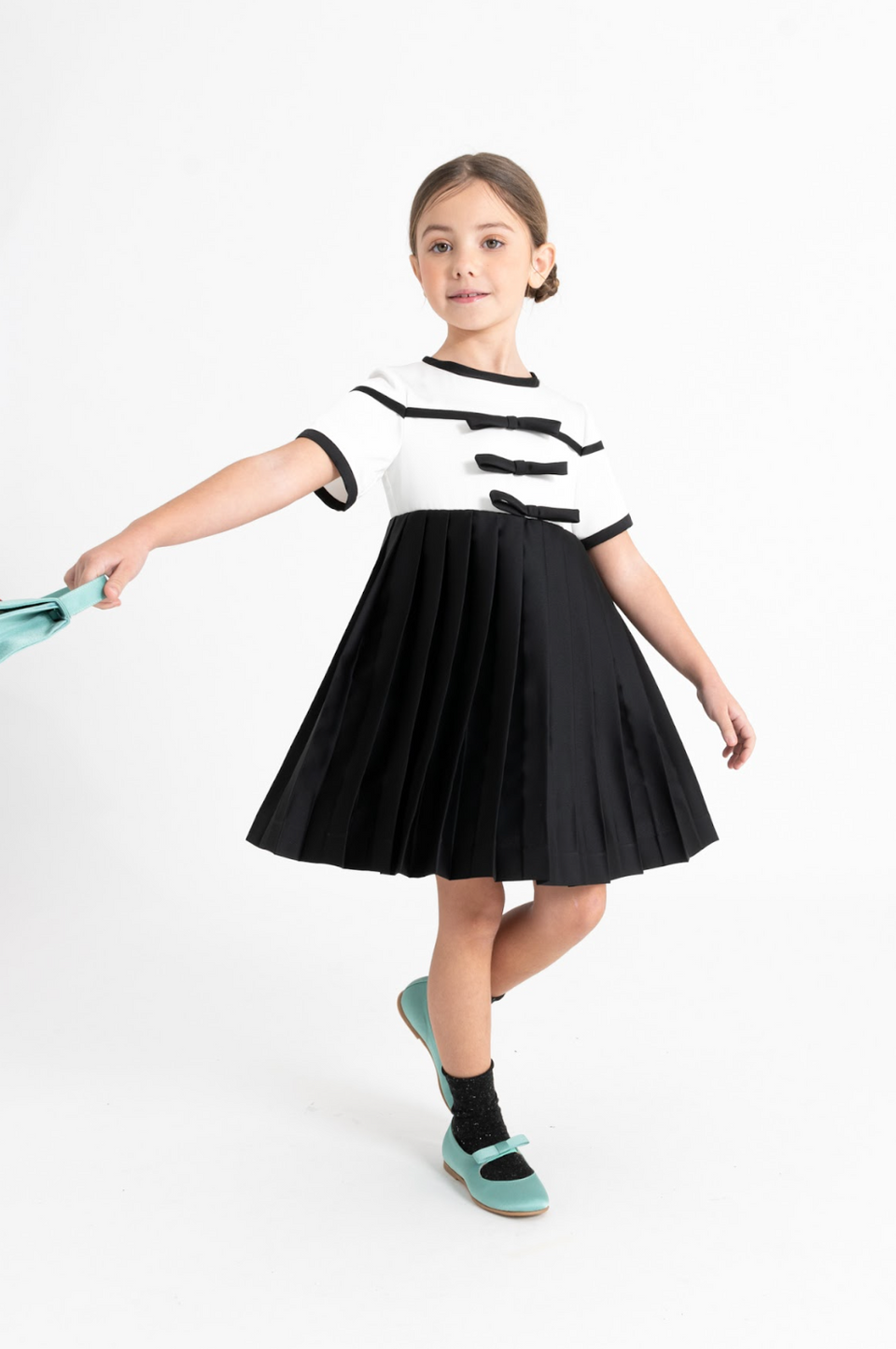 Mimisol Black & White Satin-Crepe Pleated Dress