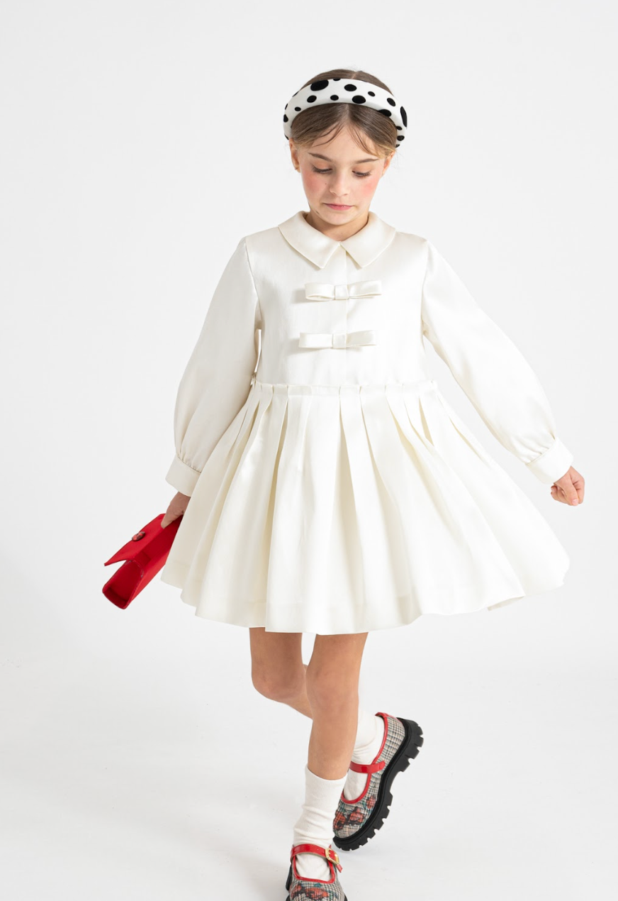 Mimisol Cream Pleated Bow Mikado Dress