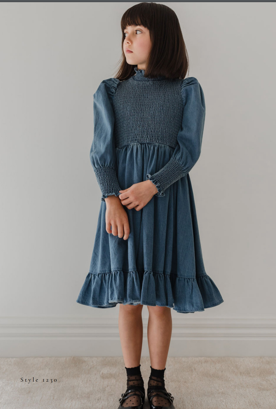 Petite Amalie Dark Blue Chambray Shirred Dress
