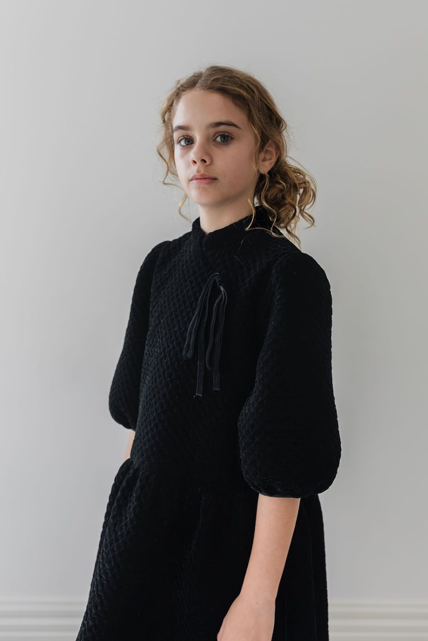 Petite Amalie Black Quilted Velvet Babydoll Dress