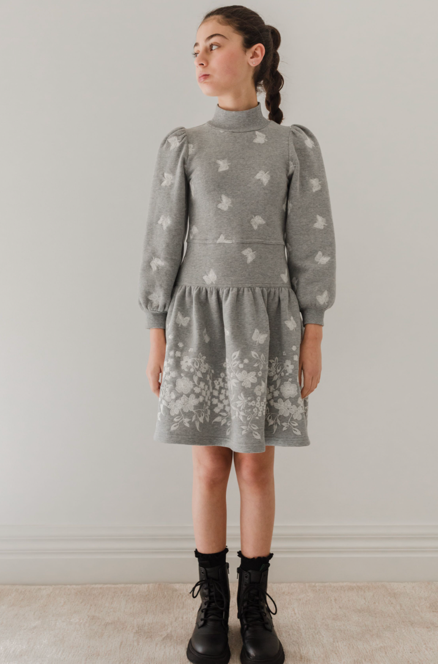Petite Amalie Embroidered Butterfly Grey Sweat Dress