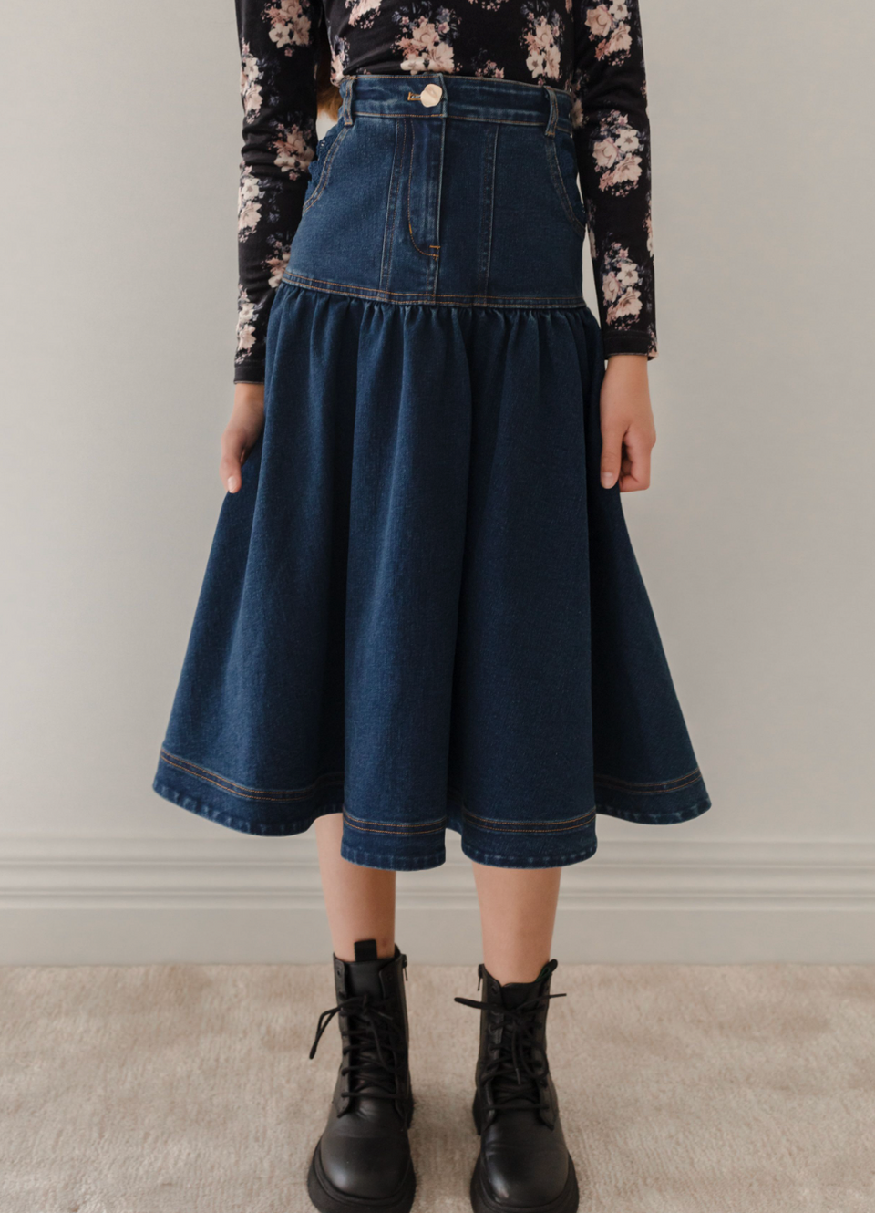 Petite Amalie Dark Blue Long Denim Lace Pocket Skirt