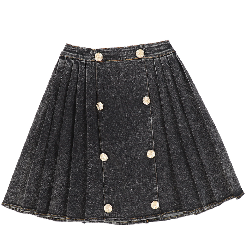 Bace Black Denim Pleated Double Breasted Skirt