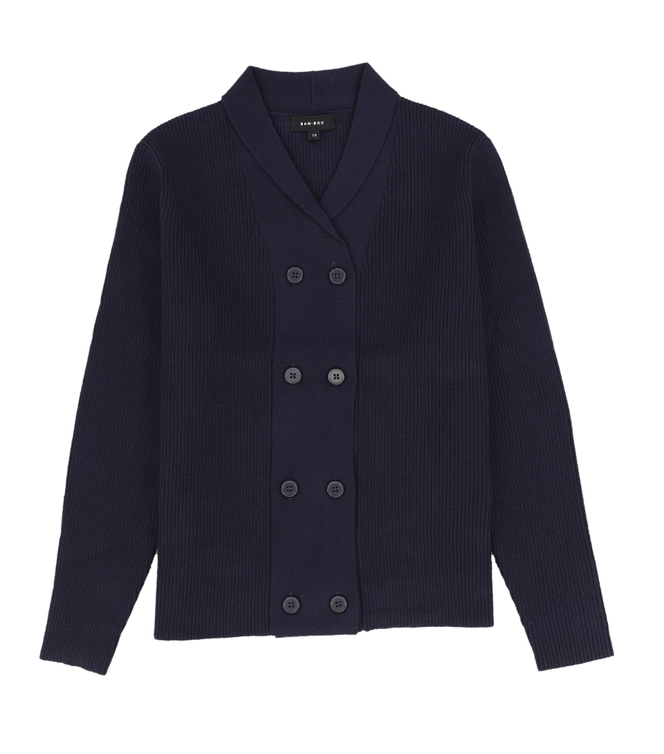 Bamboo Navy Ribbed Knit Double Breasted Blazer