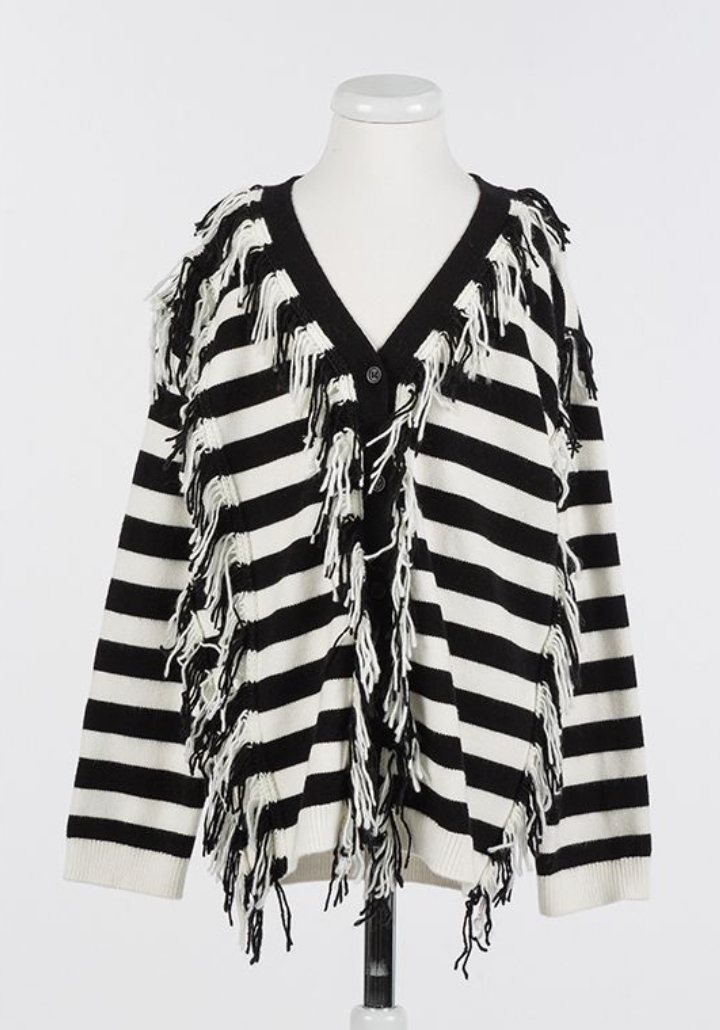 Twinset Black and White Fringed Striped Cardigan SIZE DOWN