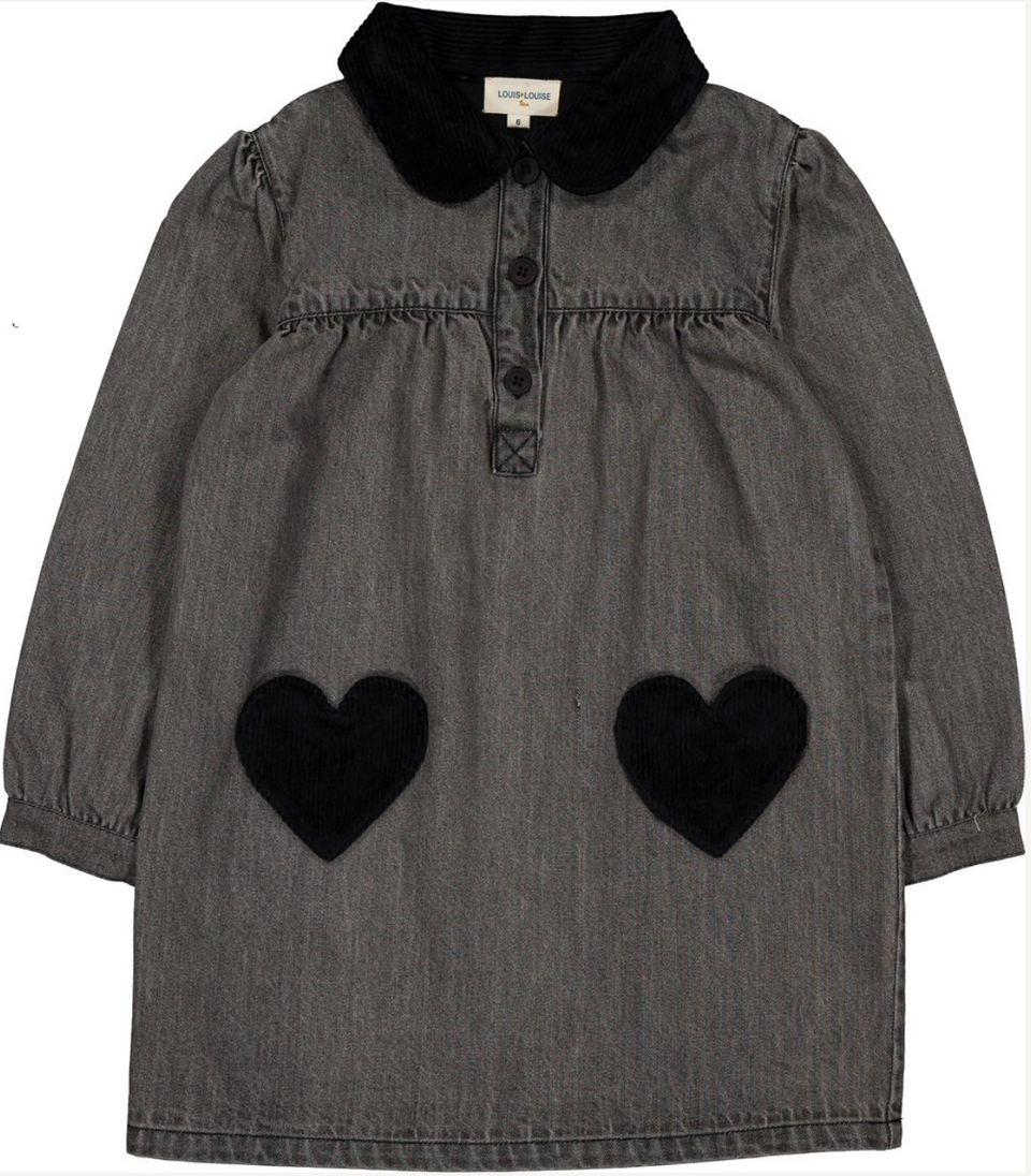 Louis Louise Grey Washed Denim Belinda Heart Pocket Dress