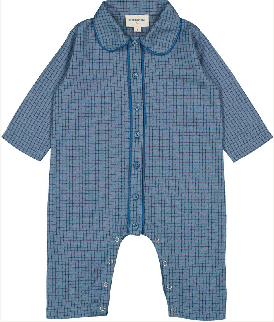 Louis Louise Blue Twill Check Sommeil Romper