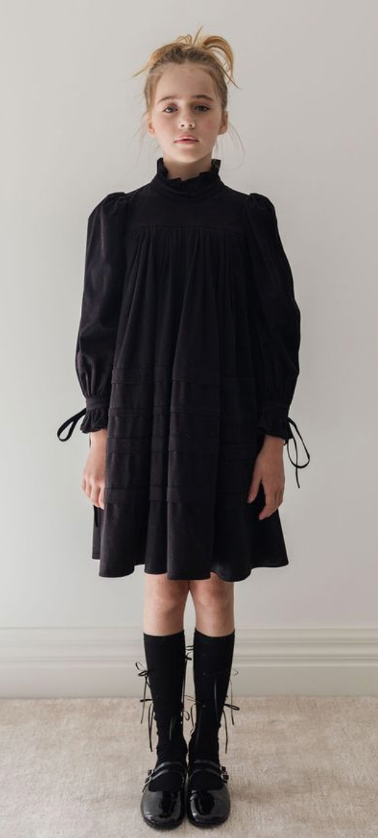 Steph Black Cord Pleated Dress