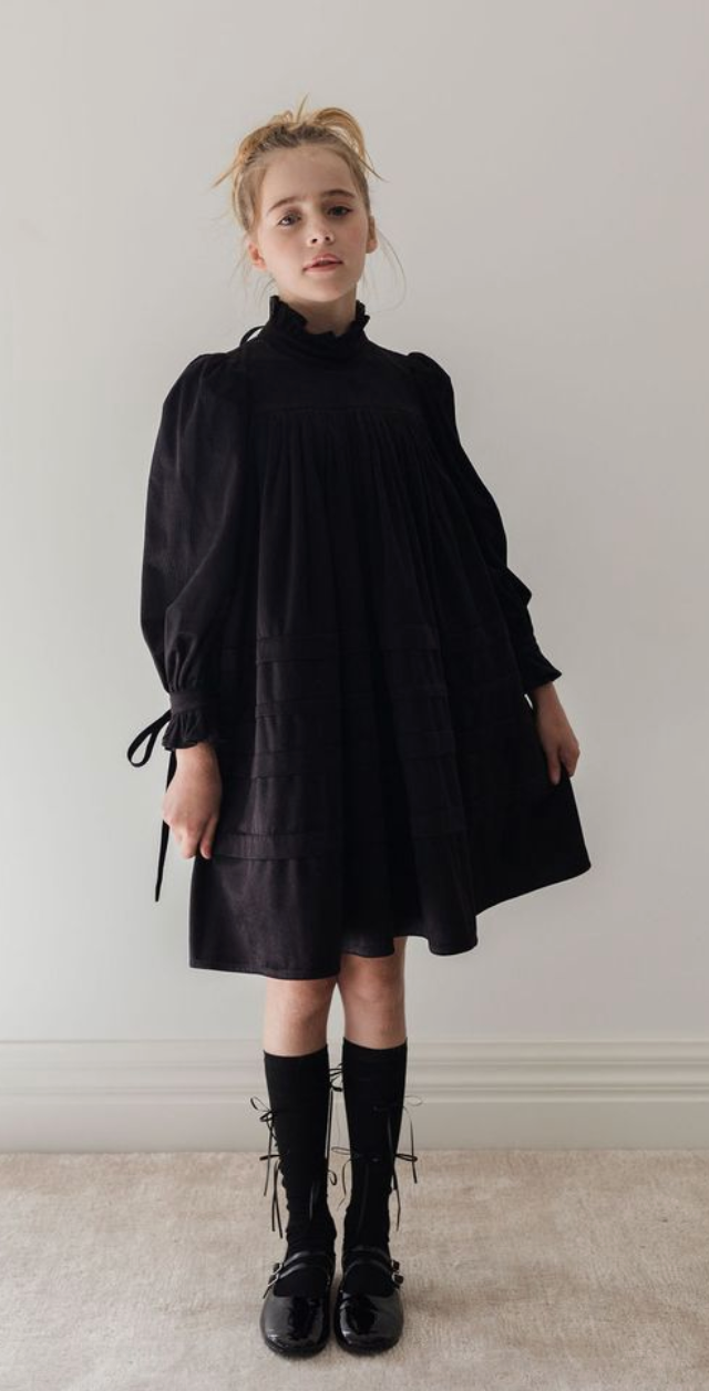Steph Black Cord Pleated Dress