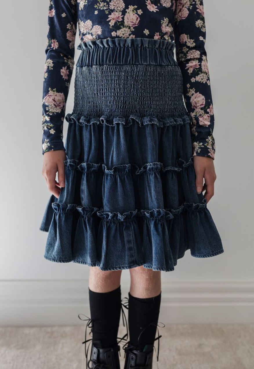 Steph Vintage Blue Wash Chambray Shirred Waist Skirt