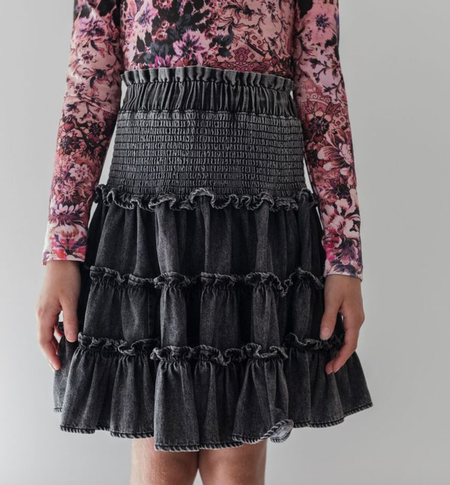 Steph Black Chambray Shirred Waist Skirt