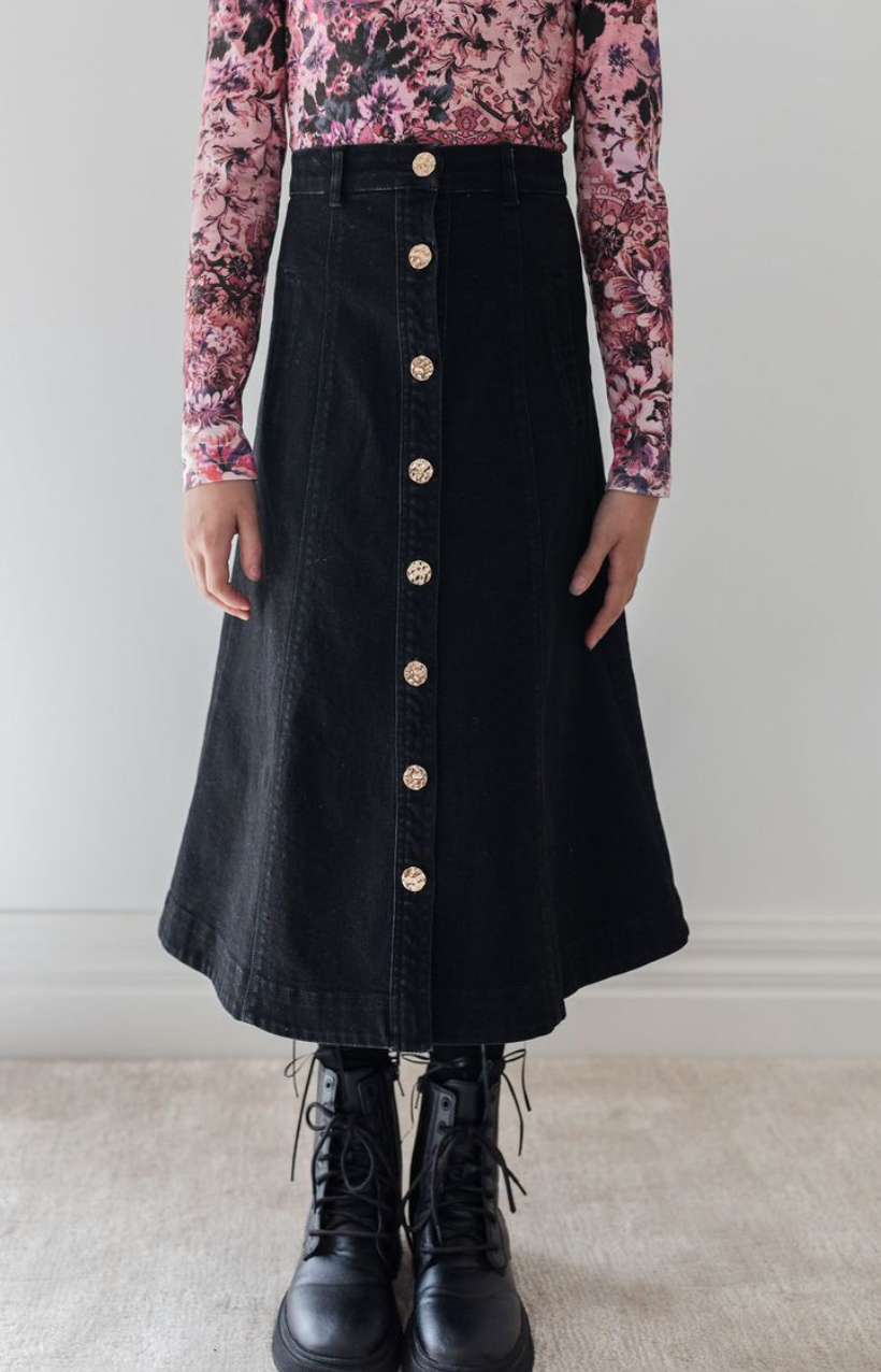 Steph Black Washed Denim Button Front Skirt