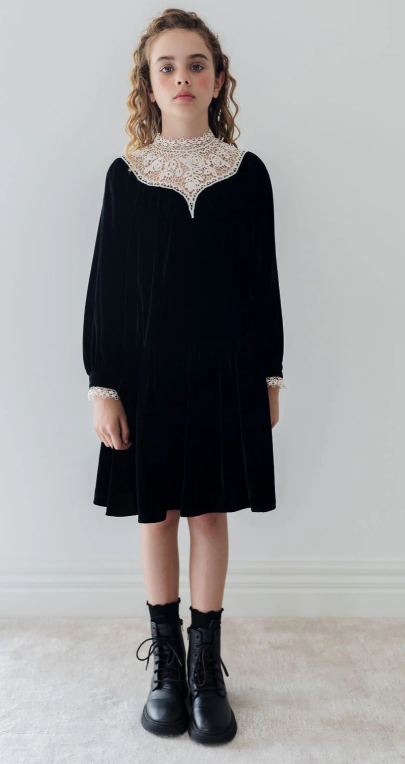 Petite Amalie Black/Cream Lace Yoke Velvet Dress