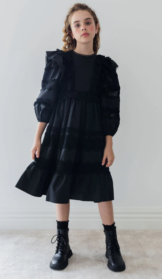 Petite Amalie Black Poplin Lace Ruffle Dress