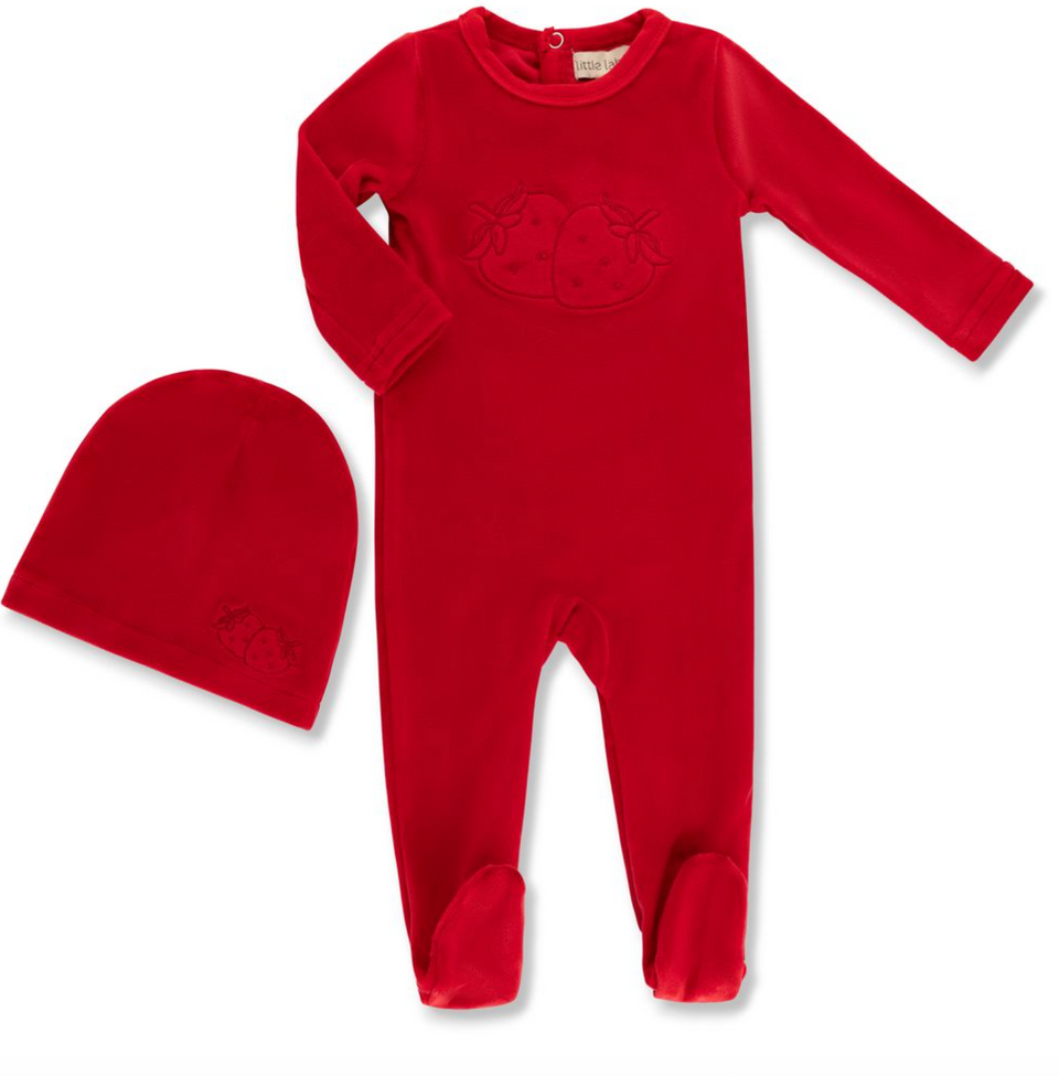 Little Label Red Velour Embroidered Footie & Hat Set