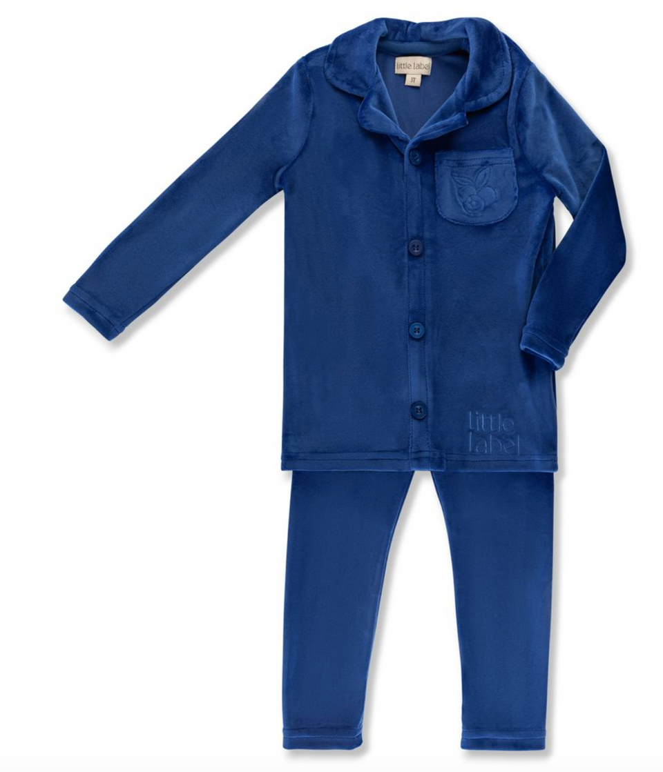 Little Label Blue Velour Pocket Embroidered Grandpa Pajama