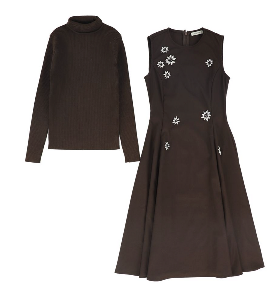 Valentina Brown Wool Swing Embellished Jumper Set