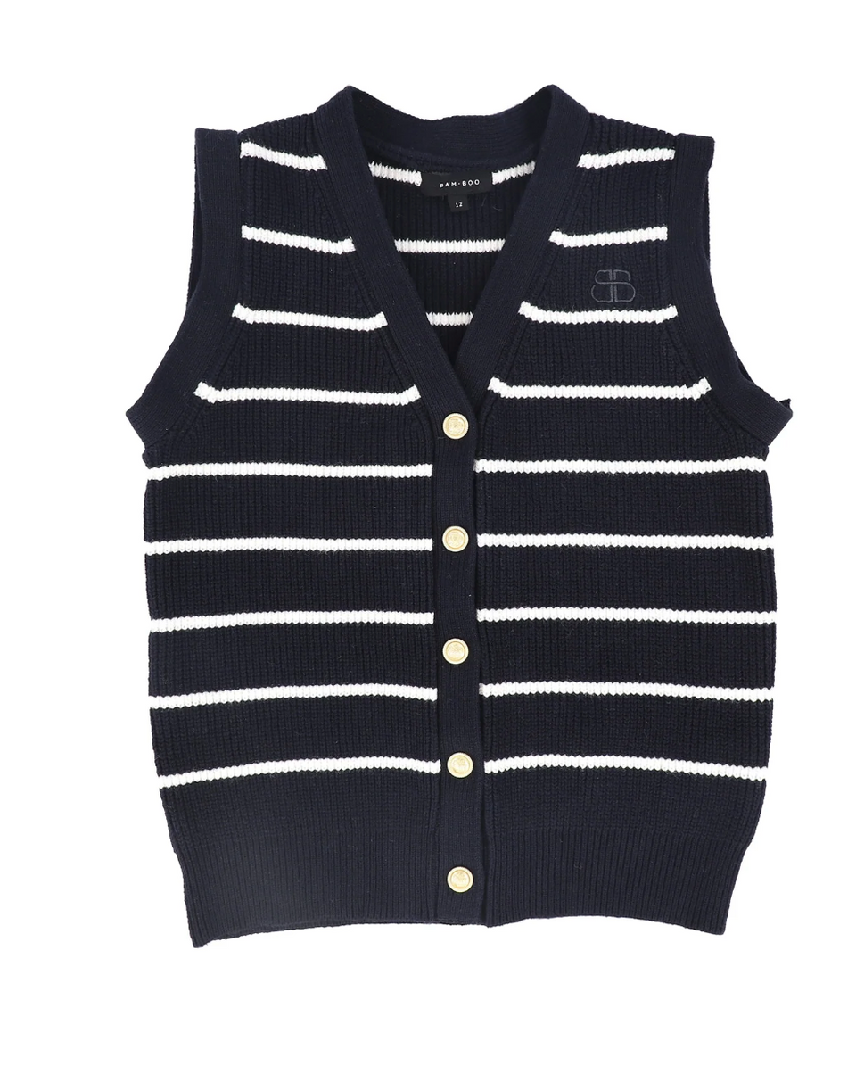 Bamboo Navy Stripe Knit Button Down Vest