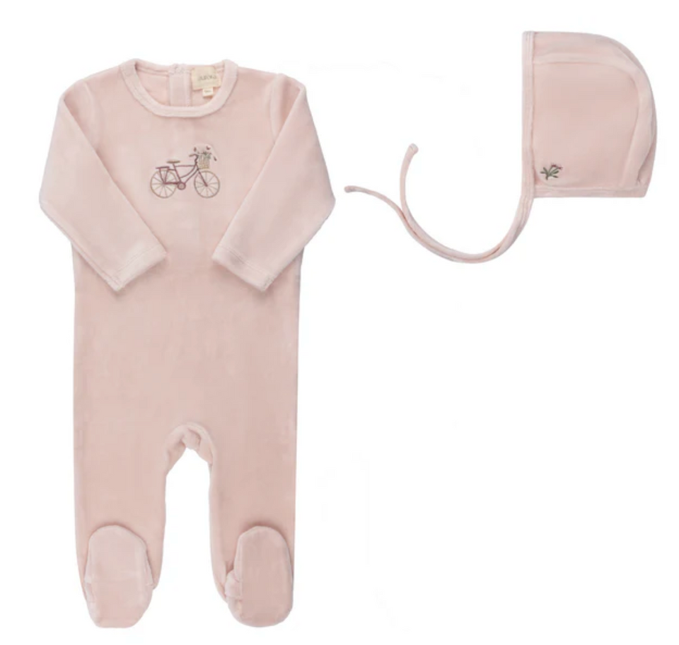 Aurora Velour Bicycle Collection Pink Footie + Bonnet