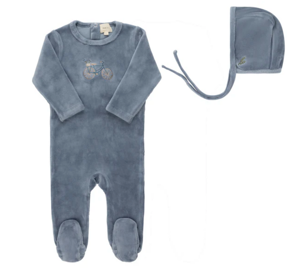 Aurora Velour Bicycle Collection Blue Footie + Bonnet