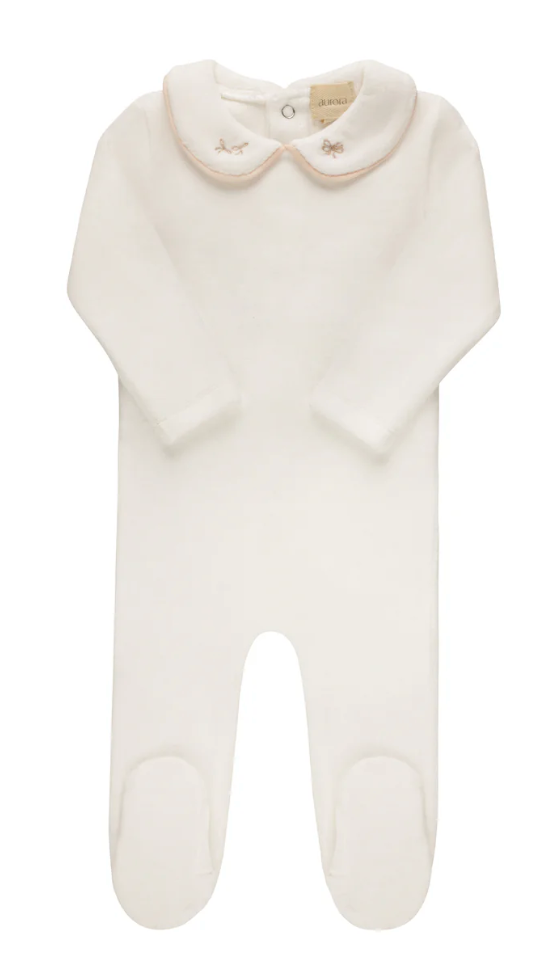 Aurora Embroidered Velour Collar Ivory/Pink Footie + Bonnet