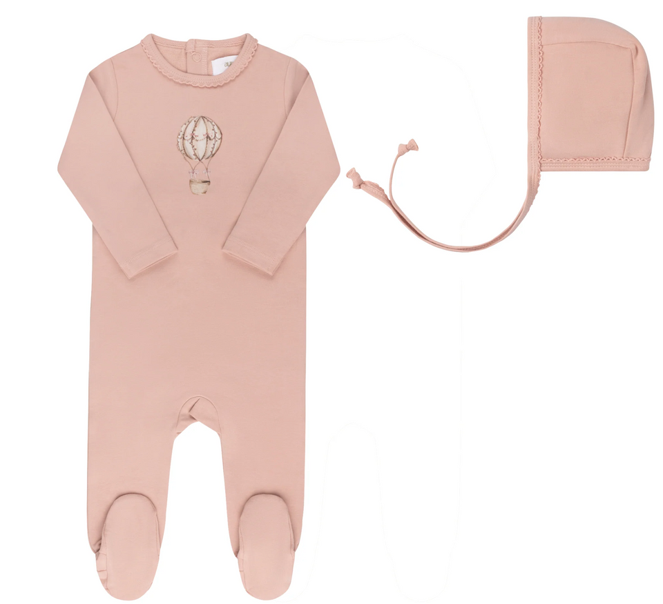 Aurora French Terry Hot Air Balloon Pink Footie + Bonnet
