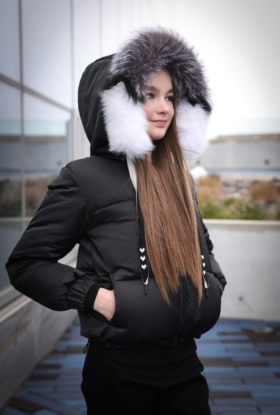 Mantel Black Mix Luxe Fur Drawstring Winter Coat