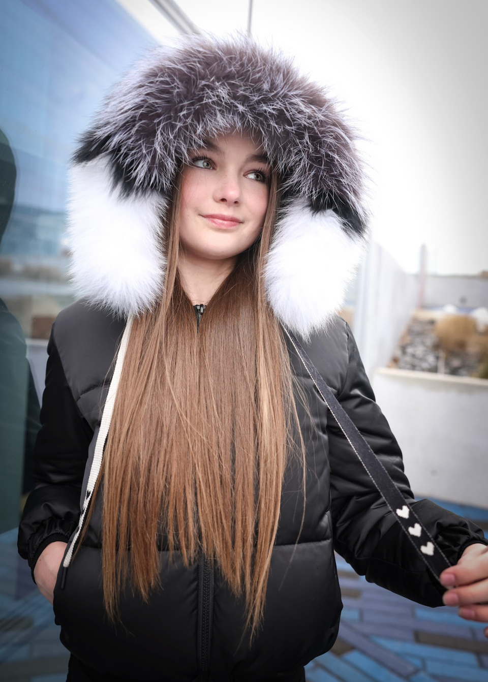 Mantel Black Mix Luxe Fur Drawstring Winter Coat