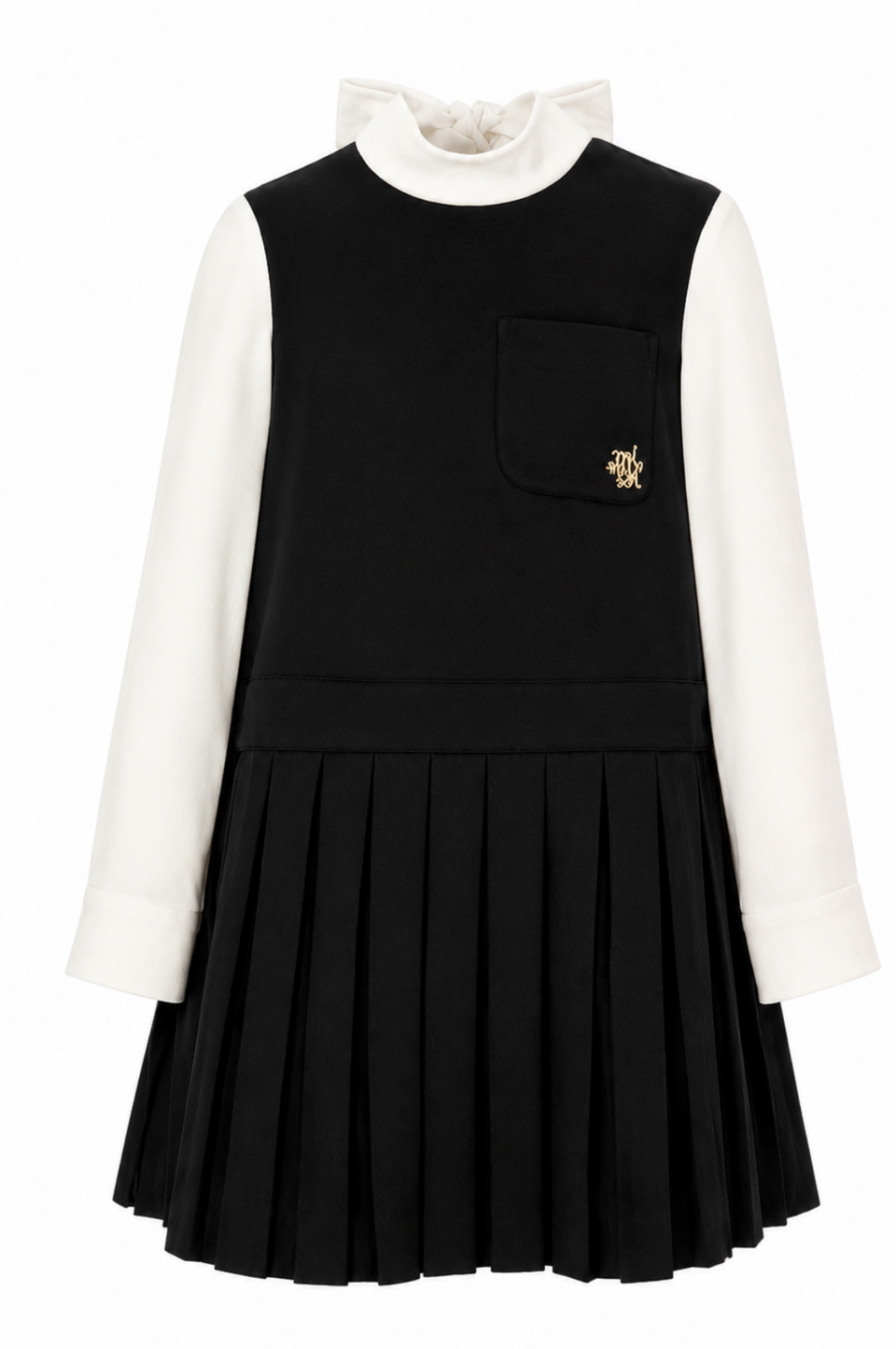 Mimisol Black & White Pleated Twill Dress