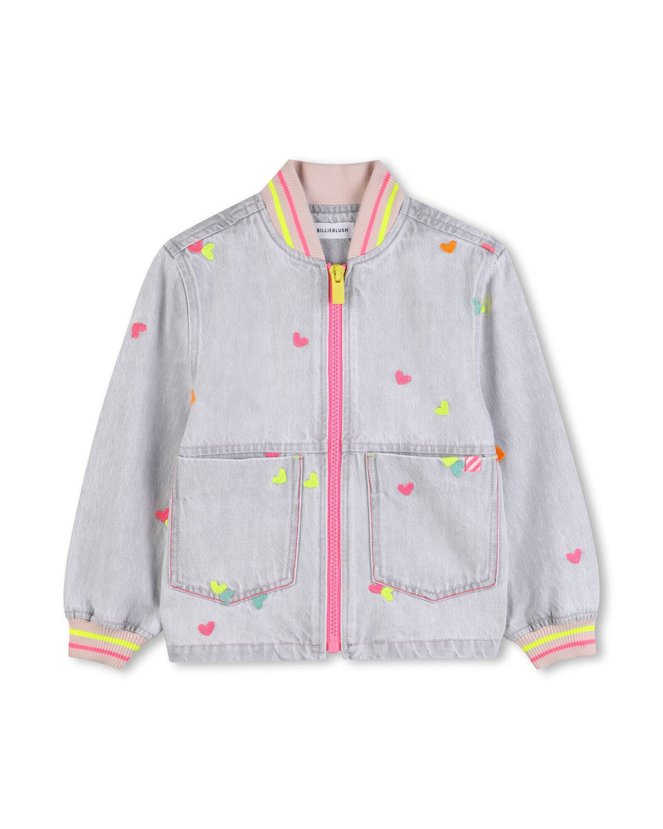 Billie Blush Denim Grey Embroidered Heart Denim Bomber Jacket