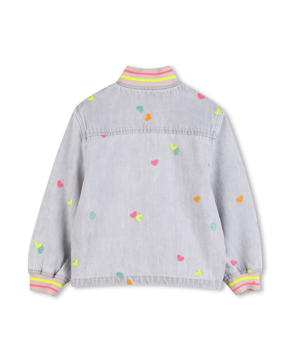 Billie Blush Denim Grey Embroidered Heart Denim Bomber Jacket