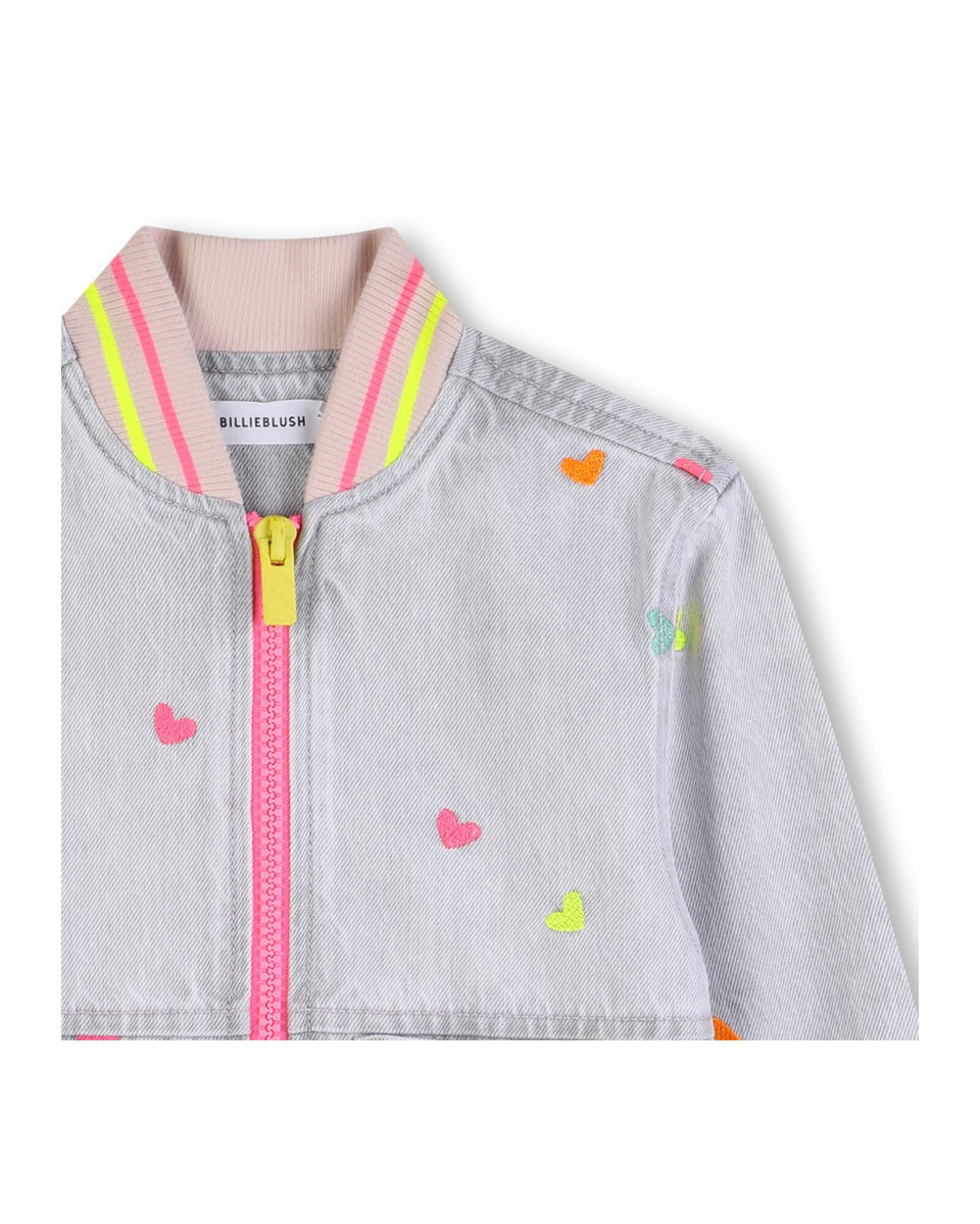 Billie Blush Denim Grey Embroidered Heart Denim Bomber Jacket