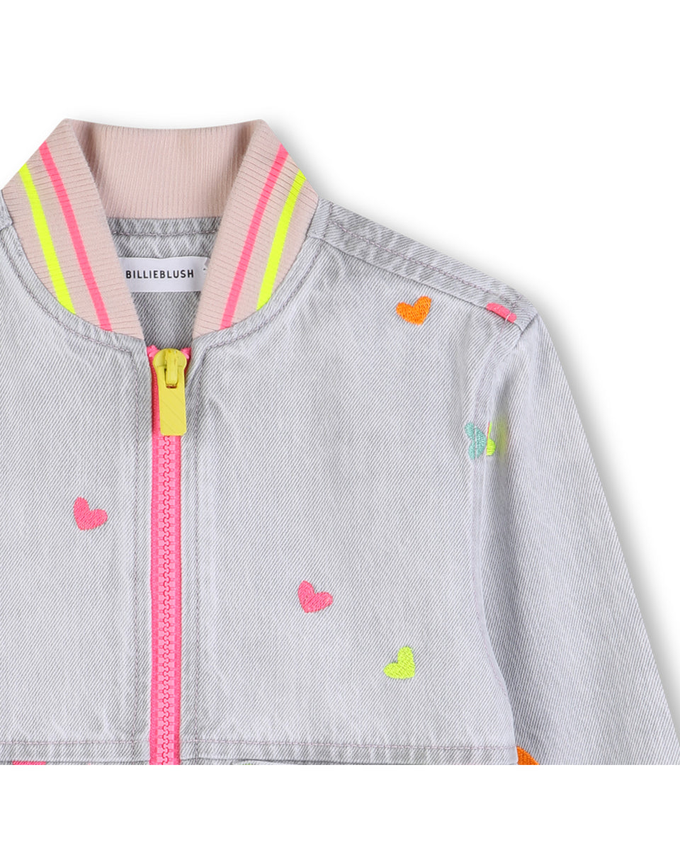 Billie Blush Denim Grey Embroidered Heart Denim Bomber Jacket