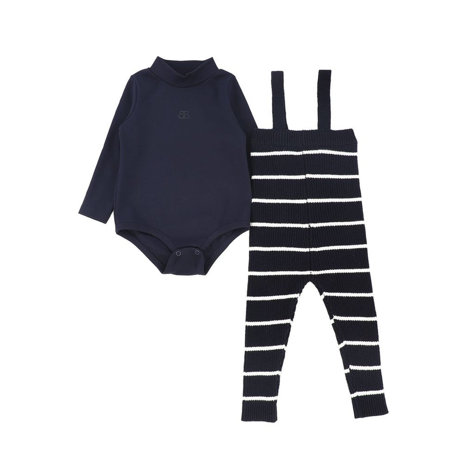 Bamboo Navy Knit Stripe Overall Set
