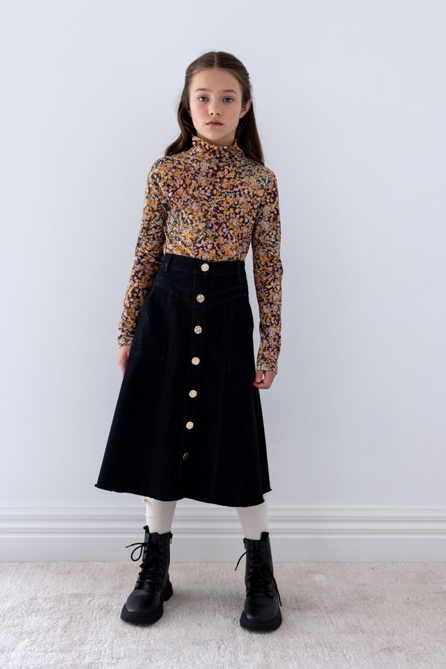 Steph Black Wash Denim Button Through Skirt