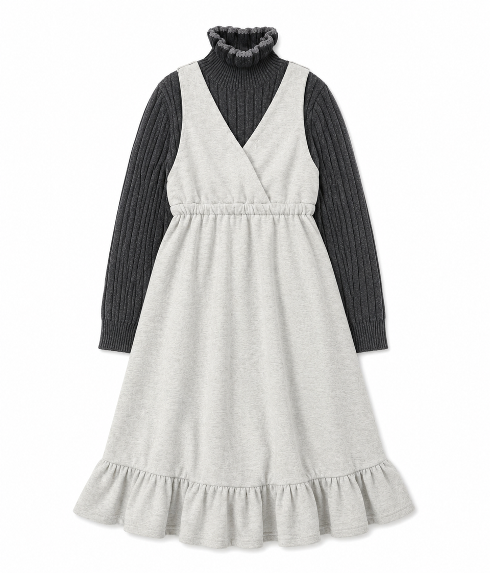 Valentina Grey Ribbed Turtleneck Wool Paneled Jumper Set
