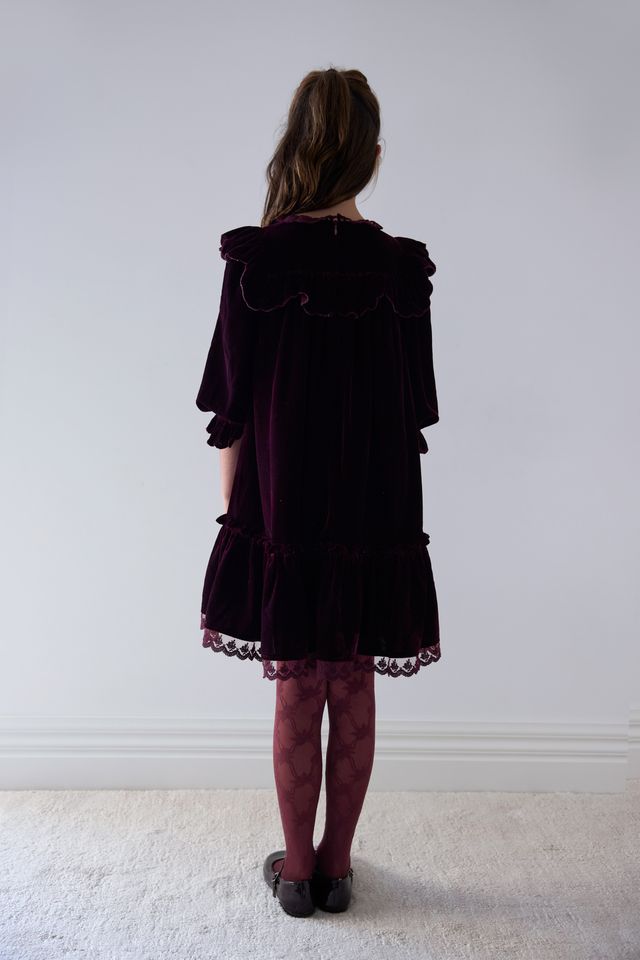 Petite Amalie Dark Cherry Lace Trim Velvet Dress